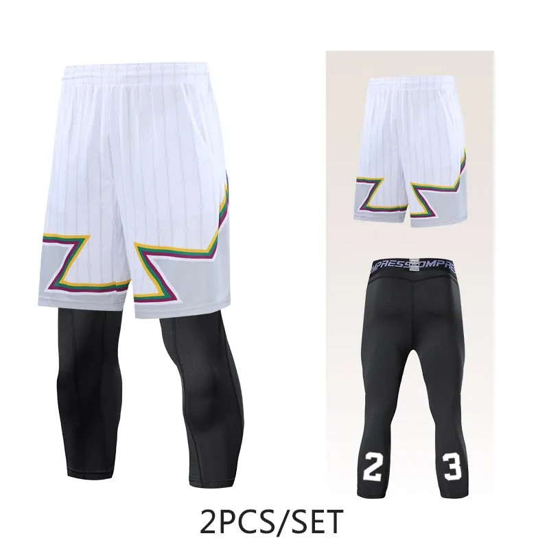 2pcs Set Men Running Shorts Leggings Fitness Compression Sweatpants Gym Jogging Outdoor Sport Basketball Football Clothes v1