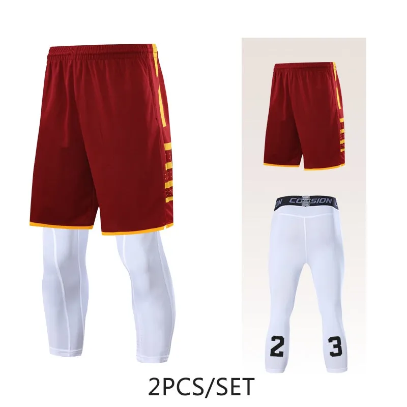 2pcs Set Men Running Shorts Leggings Fitness Compression Sweatpants Gym Jogging Outdoor Sport Basketball Football Clothes v1