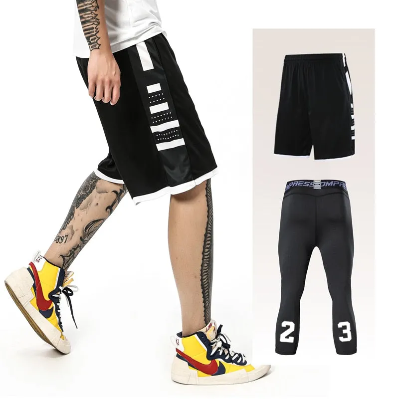 2pcs Set Men Running Shorts Leggings Fitness Compression Sweatpants Gym Jogging Outdoor Sport Basketball Football Clothes v1