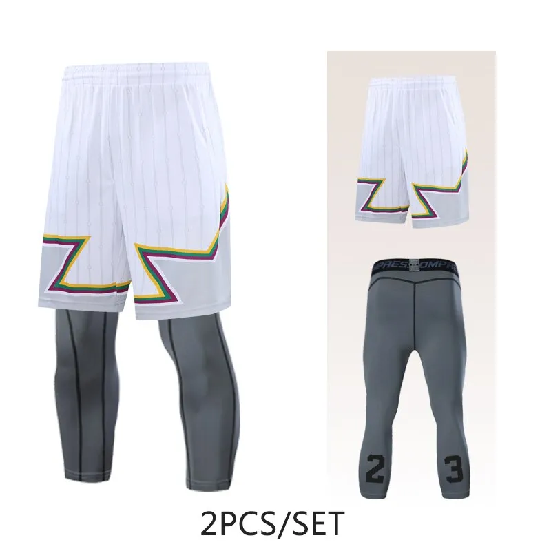 2pcs Set Men Running Shorts Leggings Fitness Compression Sweatpants Gym Jogging Outdoor Sport Basketball Football Clothes v2