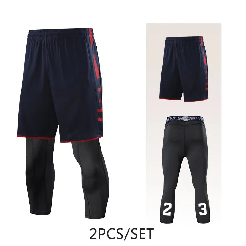 2pcs Set Men Running Shorts Leggings Fitness Compression Sweatpants Gym Jogging Outdoor Sport Basketball Football Clothes v2