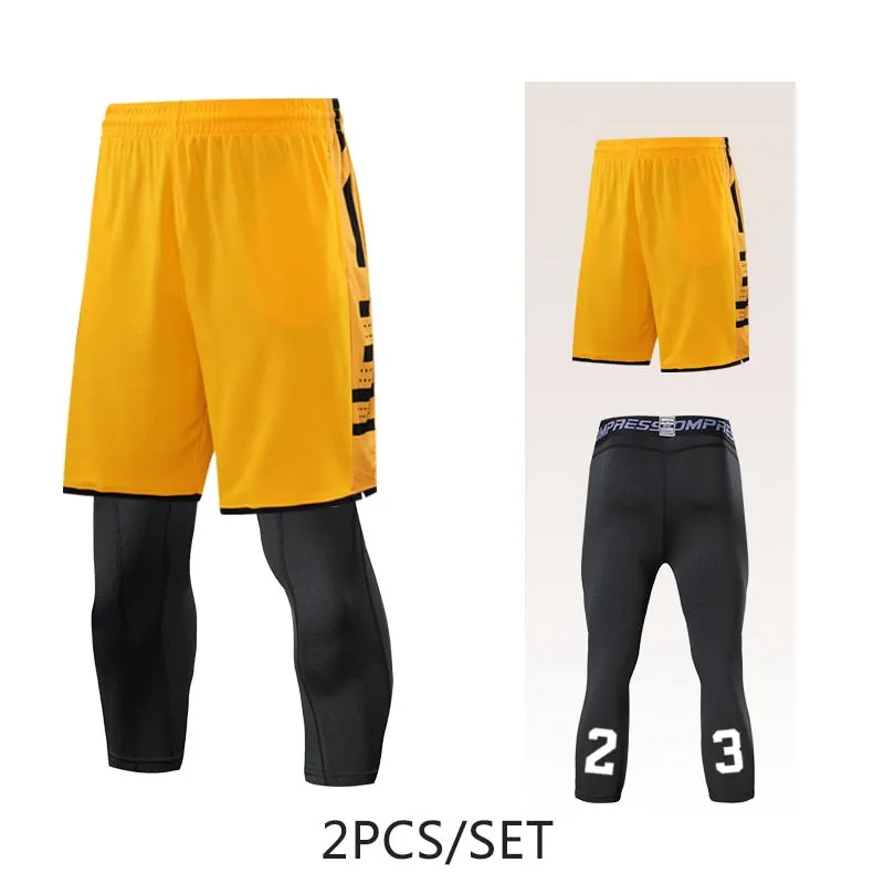 2pcs Set Men Running Shorts Leggings Fitness Compression Sweatpants Gym Jogging Outdoor Sport Basketball Football Clothes v2