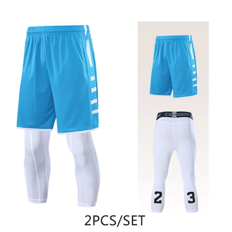 2pcs Set Men Running Shorts Leggings Fitness Compression Sweatpants Gym Jogging Outdoor Sport Basketball Football Clothes v2