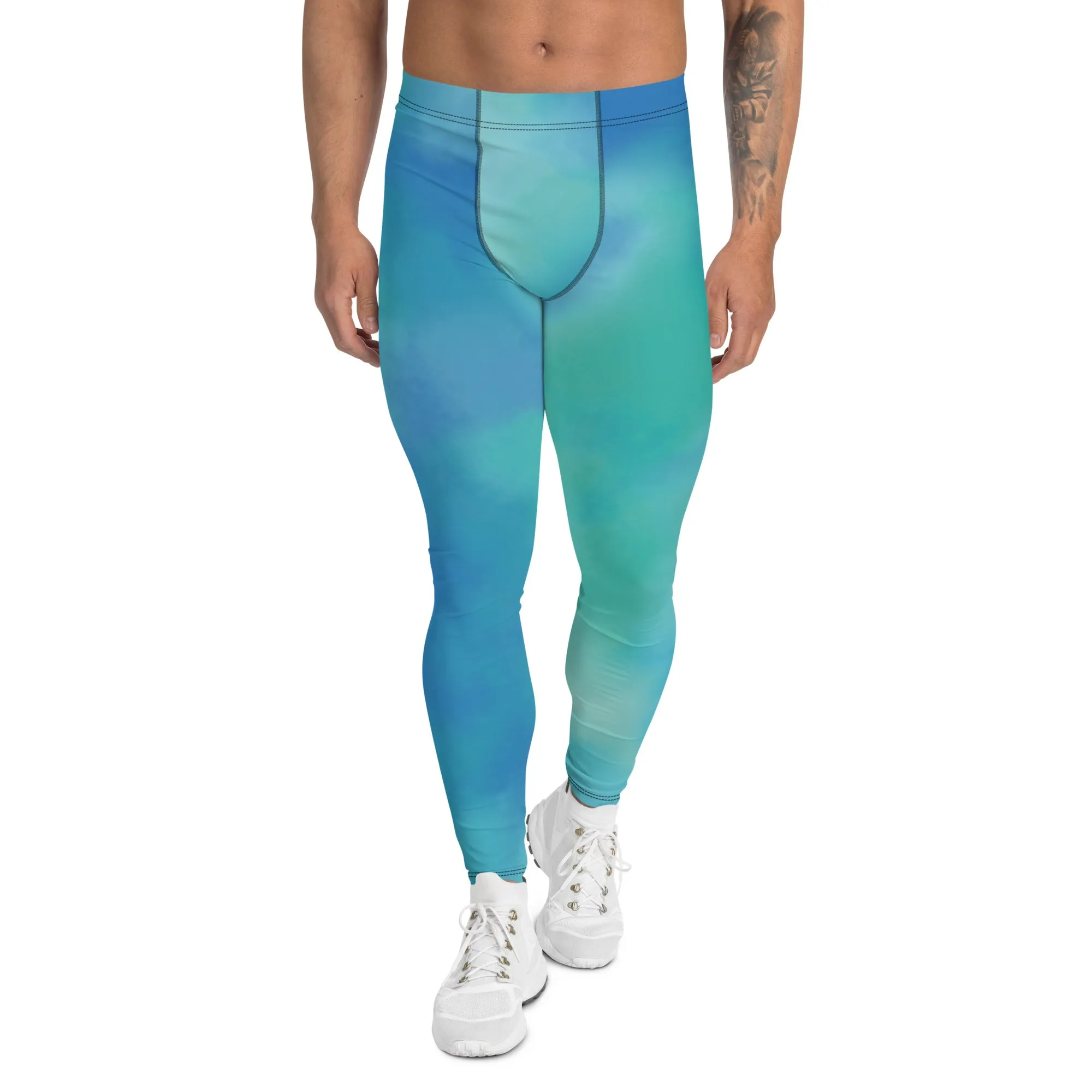 Abstract Blue Men's Leggings, Blue Abstract Designer Running Compression Tights For Men - Made in USA/EU/MX