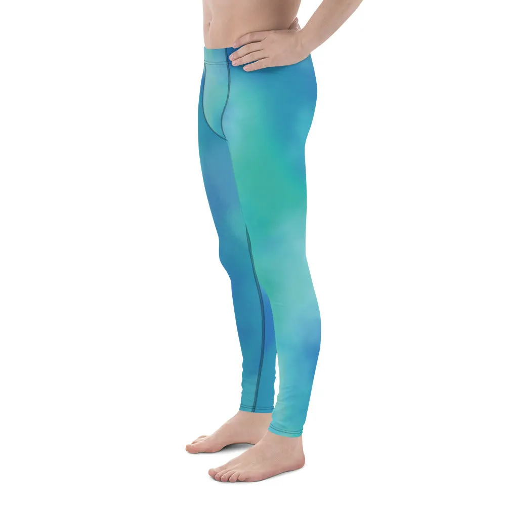 Abstract Blue Men's Leggings, Blue Abstract Designer Running Compression Tights For Men - Made in USA/EU/MX