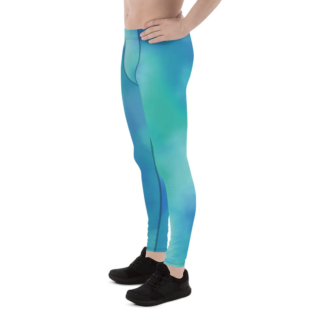 Abstract Blue Men's Leggings, Blue Abstract Designer Running Compression Tights For Men - Made in USA/EU/MX