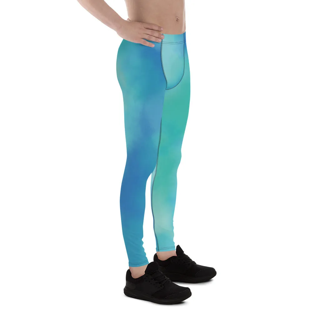 Abstract Blue Men's Leggings, Blue Abstract Designer Running Compression Tights For Men - Made in USA/EU/MX