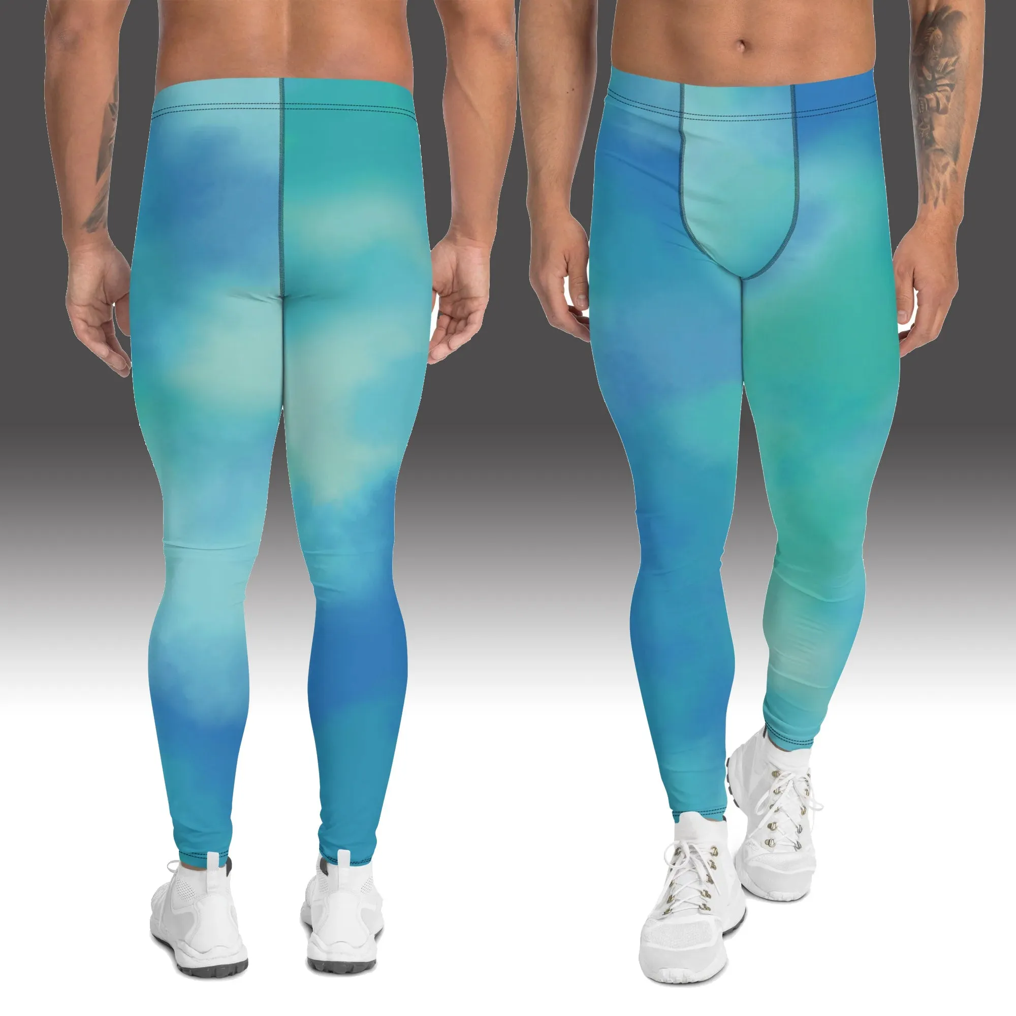 Abstract Blue Men's Leggings, Blue Abstract Designer Running Compression Tights For Men - Made in USA/EU/MX