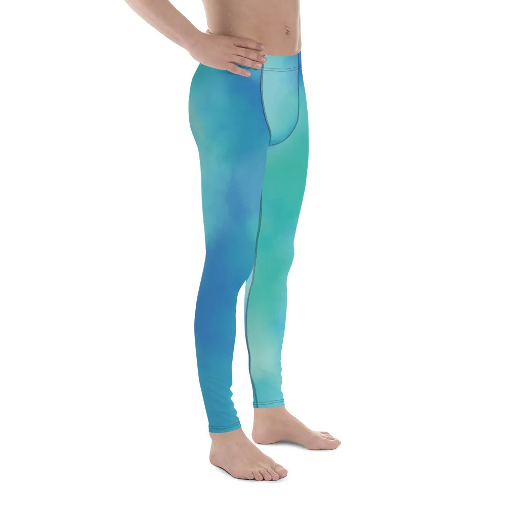 Abstract Blue Men's Leggings, Blue Abstract Designer Running Compression Tights For Men - Made in USA/EU/MX