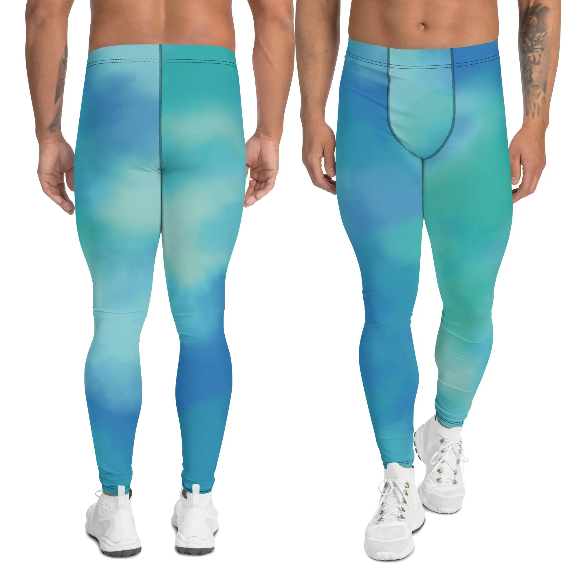 Abstract Blue Men's Leggings, Blue Abstract Designer Running Compression Tights For Men - Made in USA/EU/MX