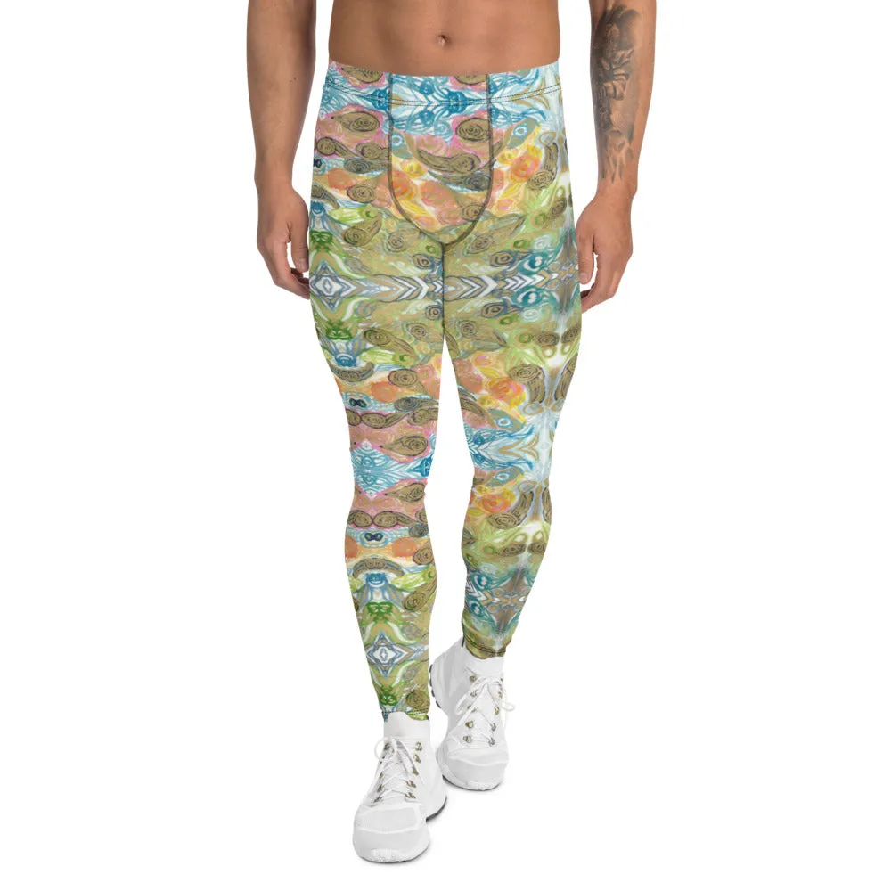 Abstract Japanese Style Men's Leggings, Abstract Meggings Compression Tights-Made in USA/MX/EU