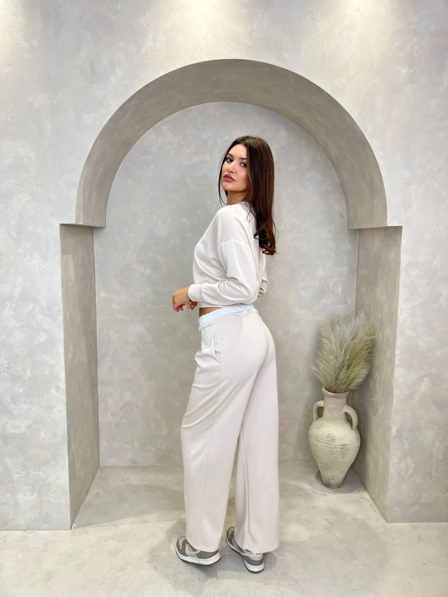 Beige Drawstring Wide Leg Trousers