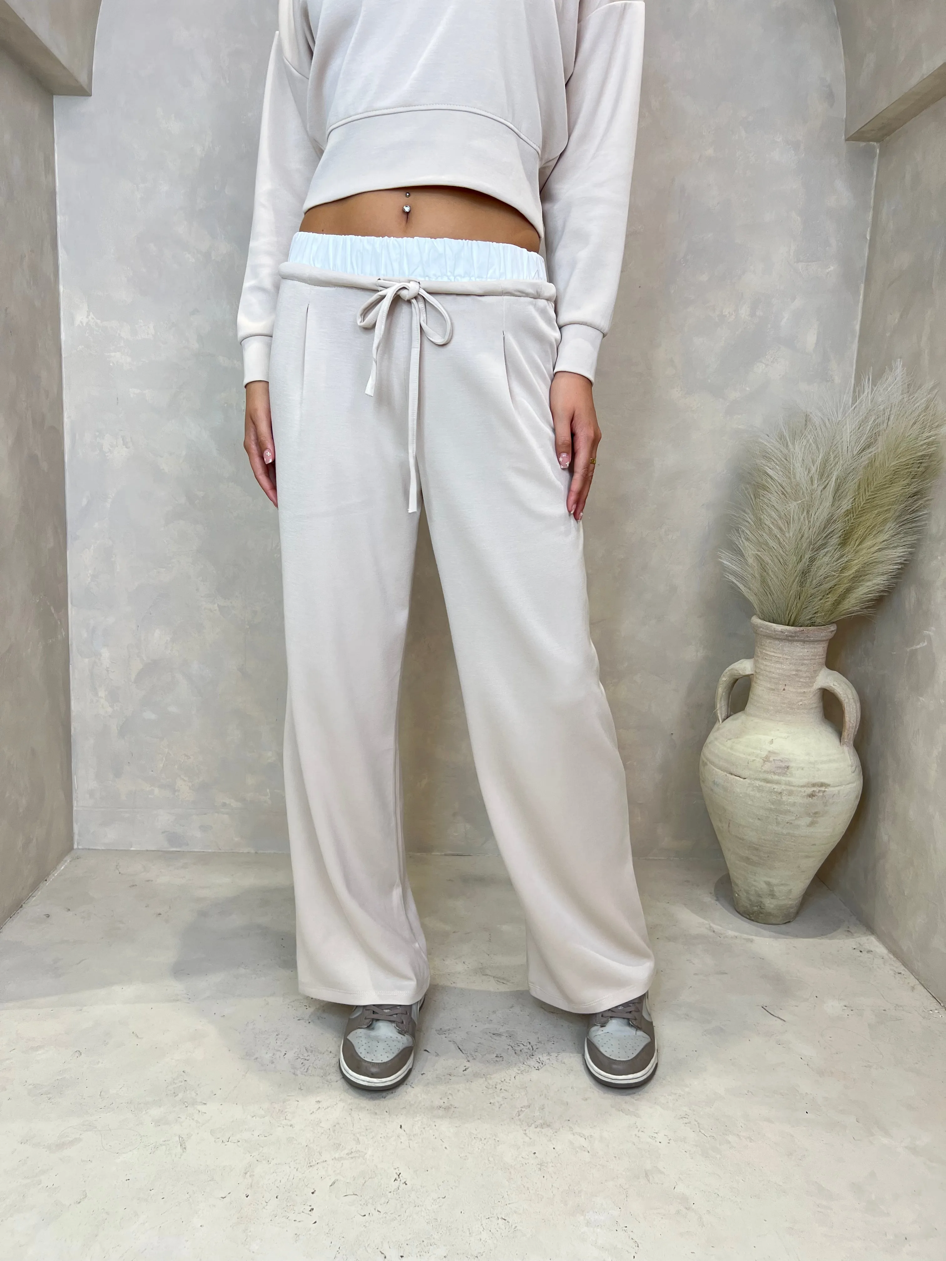 Beige Drawstring Wide Leg Trousers