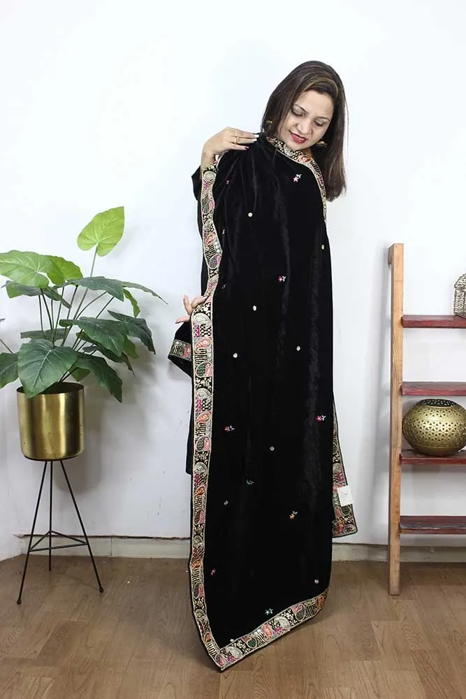 Black Embroidered Trendy Velvet Dupatta