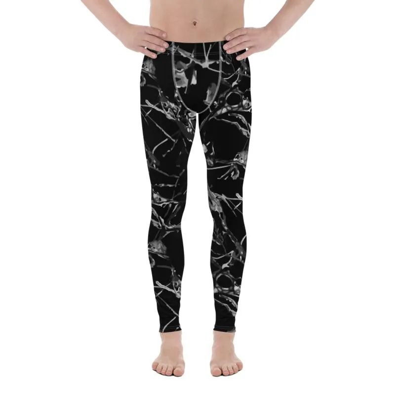 Black Marble Print Meggings, Men's Leggings Compression Tight Pants - Made in USA/ MX/ EU