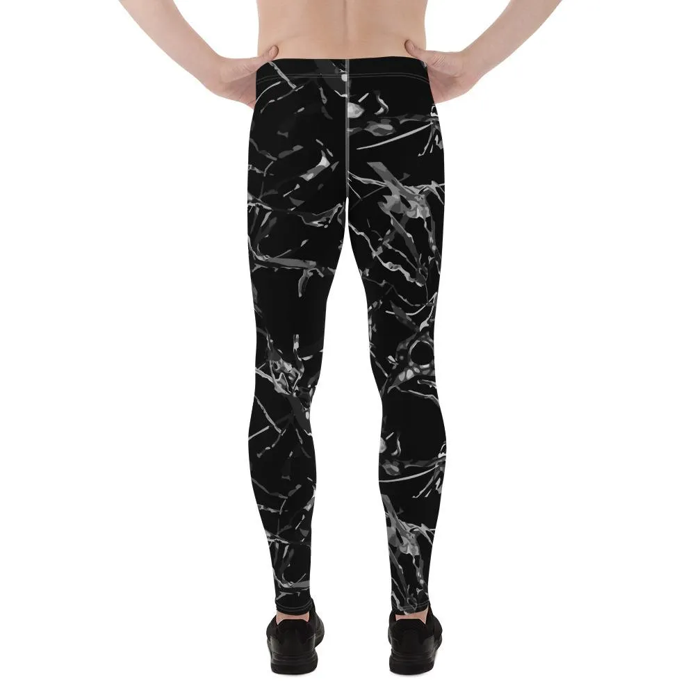 Black Marble Print Meggings, Men's Leggings Compression Tight Pants - Made in USA/ MX/ EU