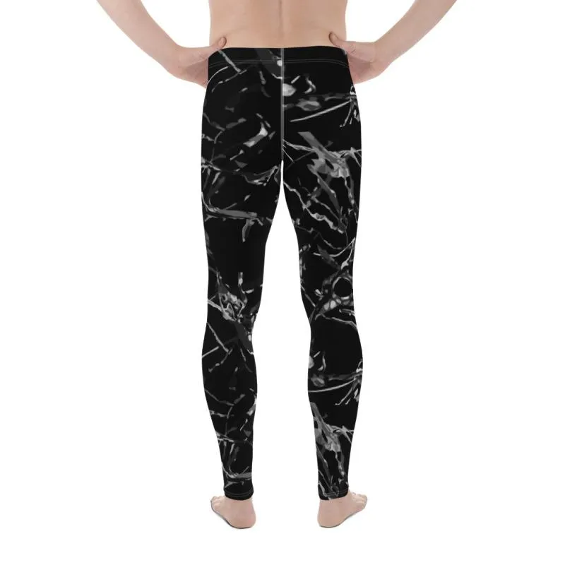 Black Marble Print Meggings, Men's Leggings Compression Tight Pants - Made in USA/ MX/ EU