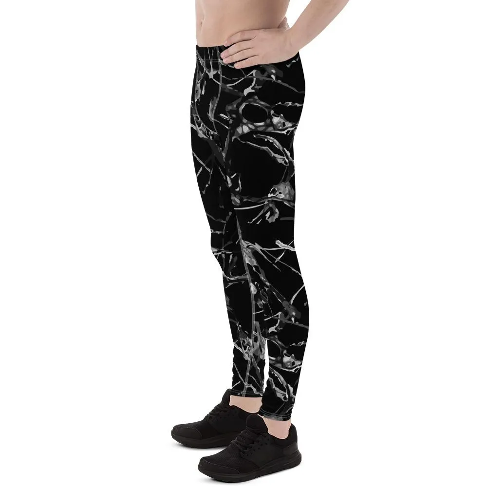 Black Marble Print Meggings, Men's Leggings Compression Tight Pants - Made in USA/ MX/ EU