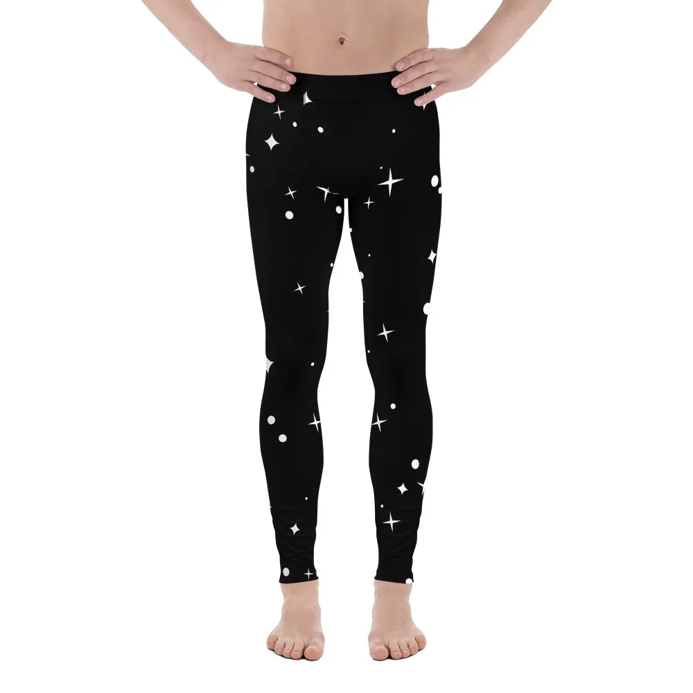 Black Starry Nights Men's Leggings, Stars Pattern Meggings Compression Tights-Made in USA/EU/MX