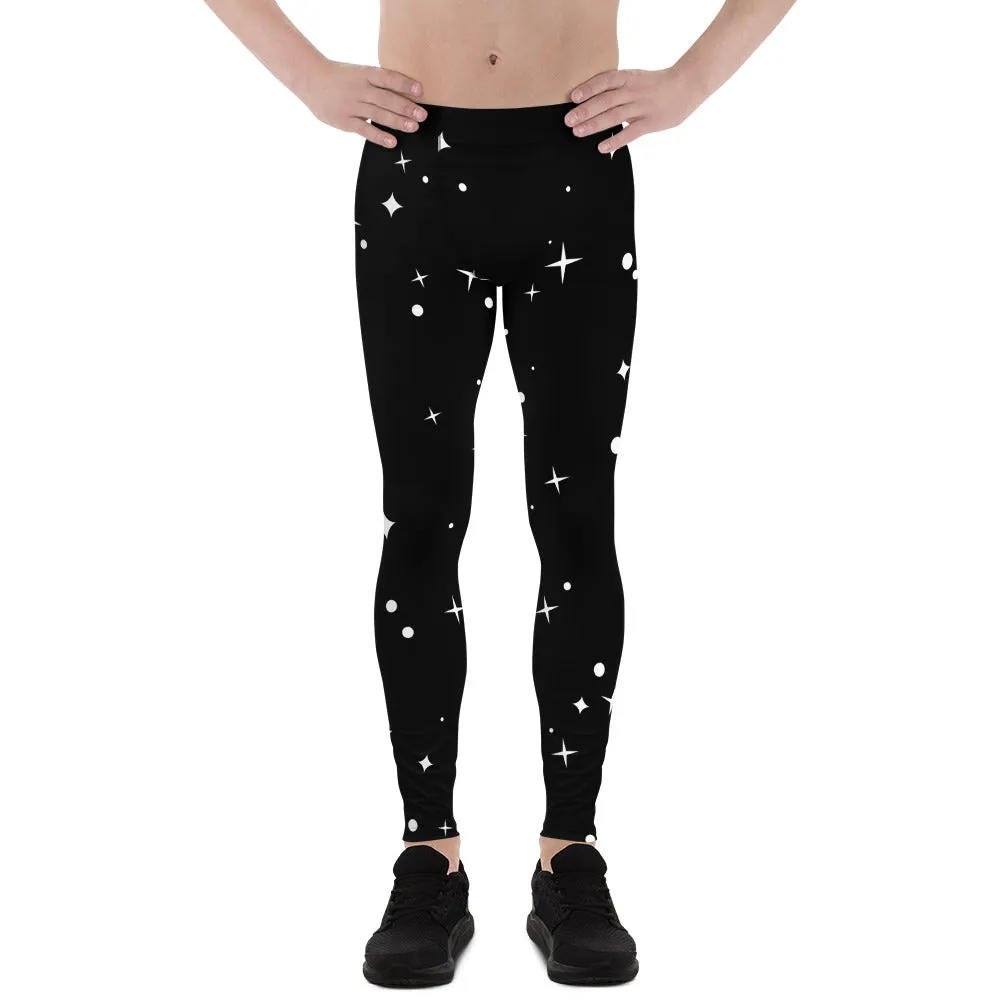 Black Starry Nights Men's Leggings, Stars Pattern Meggings Compression Tights-Made in USA/EU/MX