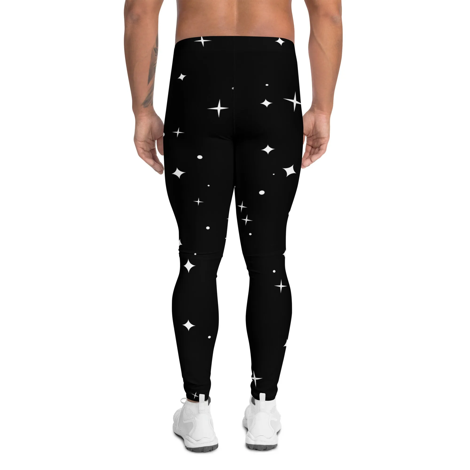 Black Starry Nights Men's Leggings, Stars Pattern Meggings Compression Tights-Made in USA/EU/MX