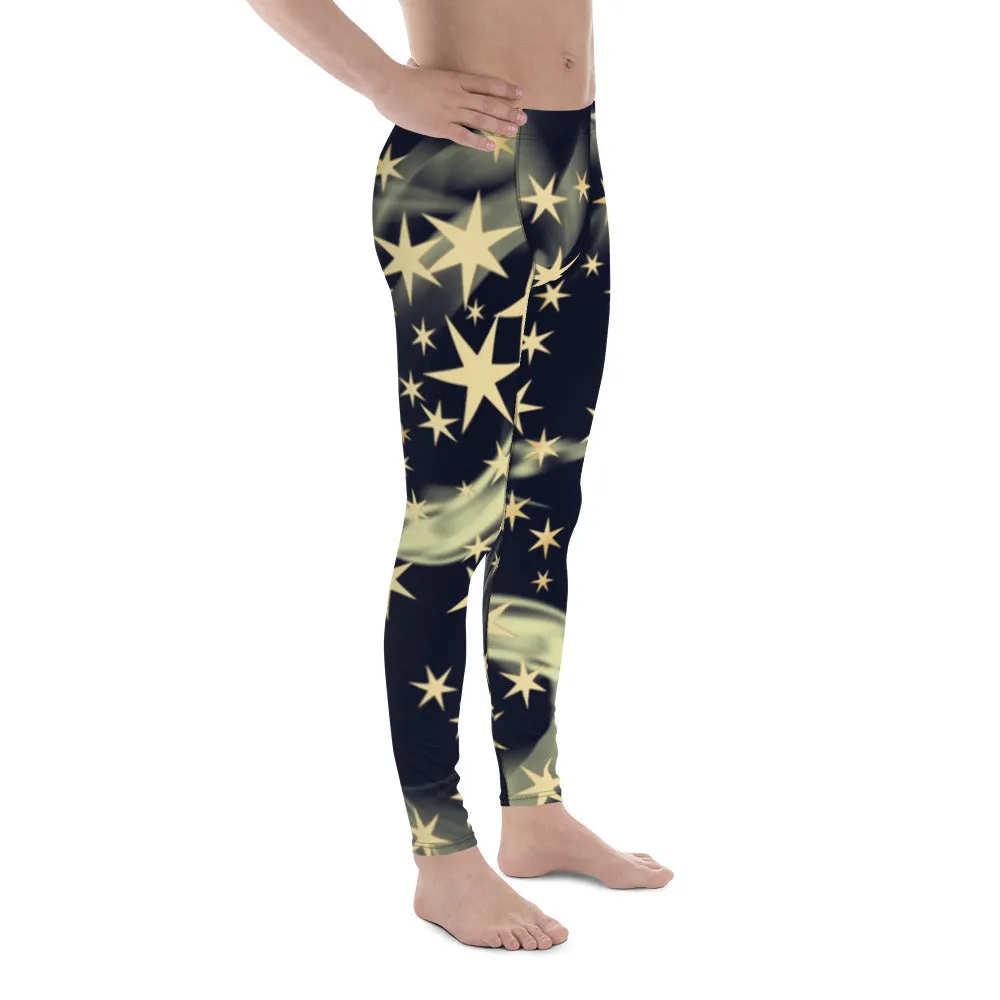 Black Starry Print Men's Leggings, Star Print Designer Meggings Compression Tights-Made in USA/EU/MX