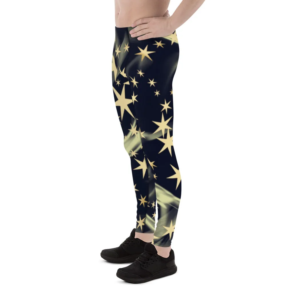 Black Starry Print Men's Leggings, Star Print Designer Meggings Compression Tights-Made in USA/EU/MX