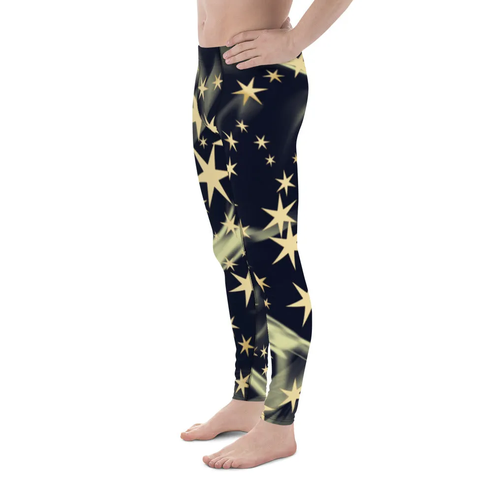 Black Starry Print Men's Leggings, Star Print Designer Meggings Compression Tights-Made in USA/EU/MX