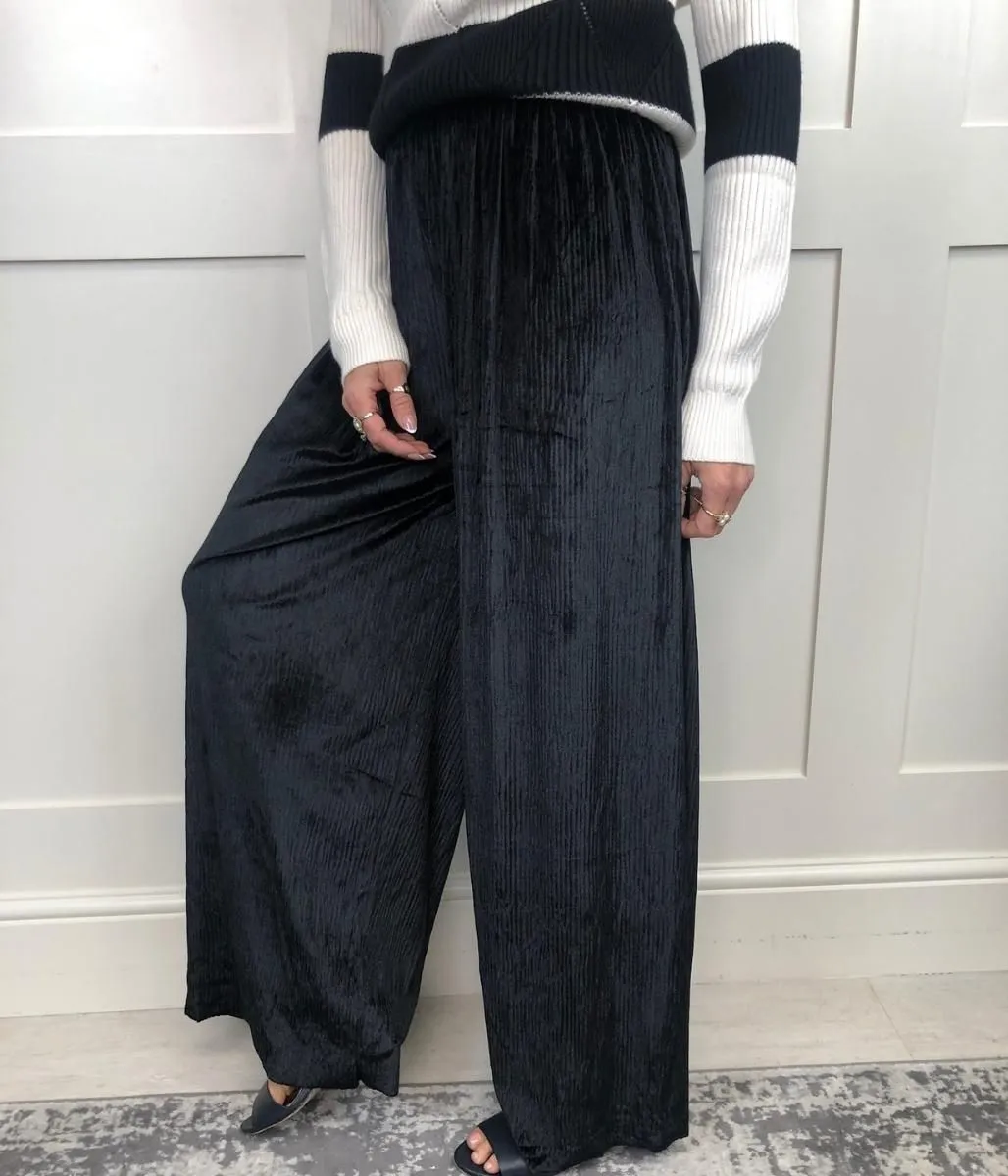 Black Textured Wide Leg Trousers