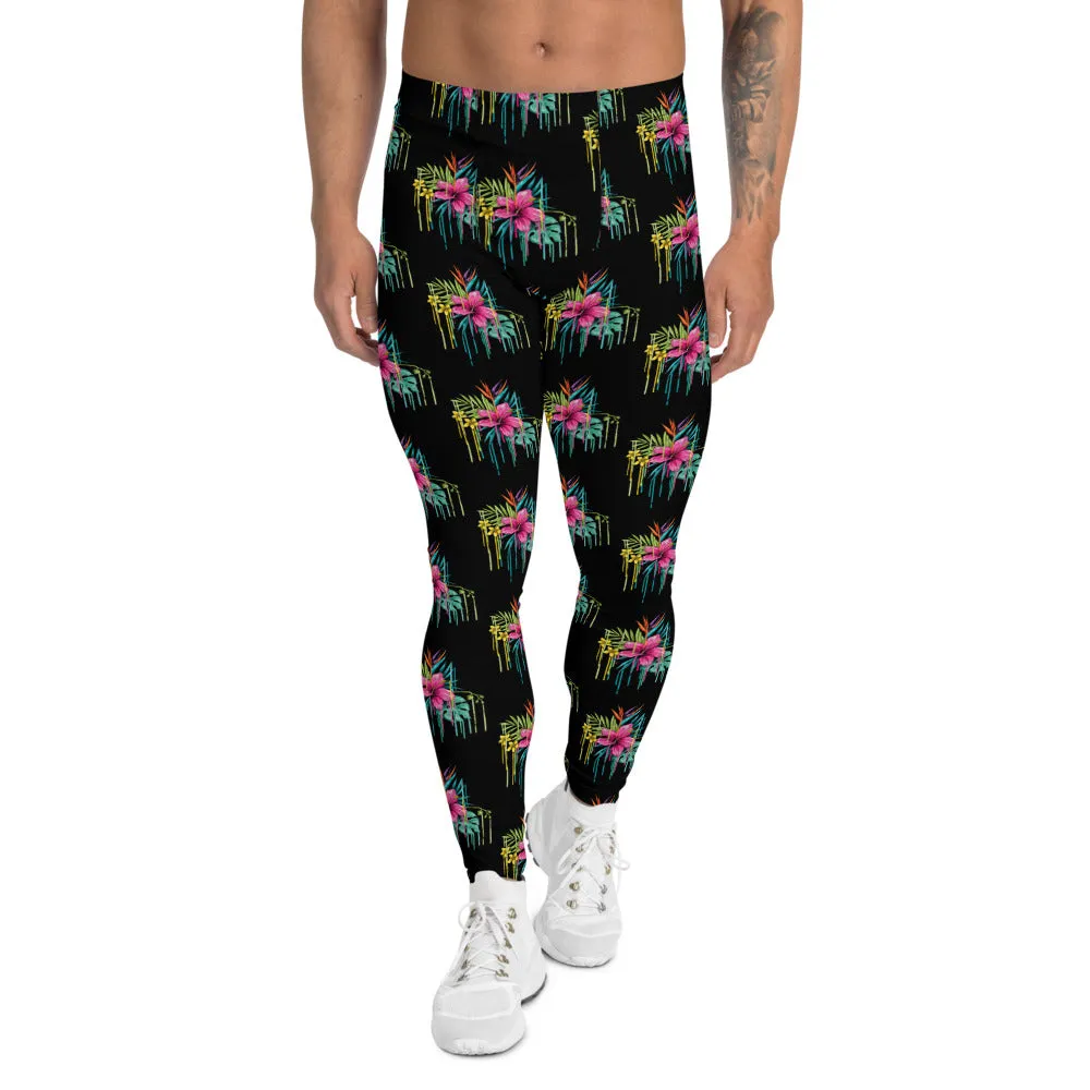 Black Tropical Men's Leggings, Tropical Floral Meggings Compression Tights-Made in USA/EU