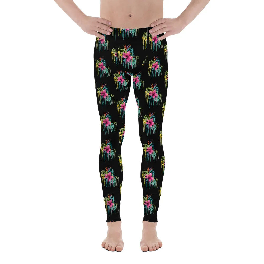 Black Tropical Men's Leggings, Tropical Floral Meggings Compression Tights-Made in USA/EU