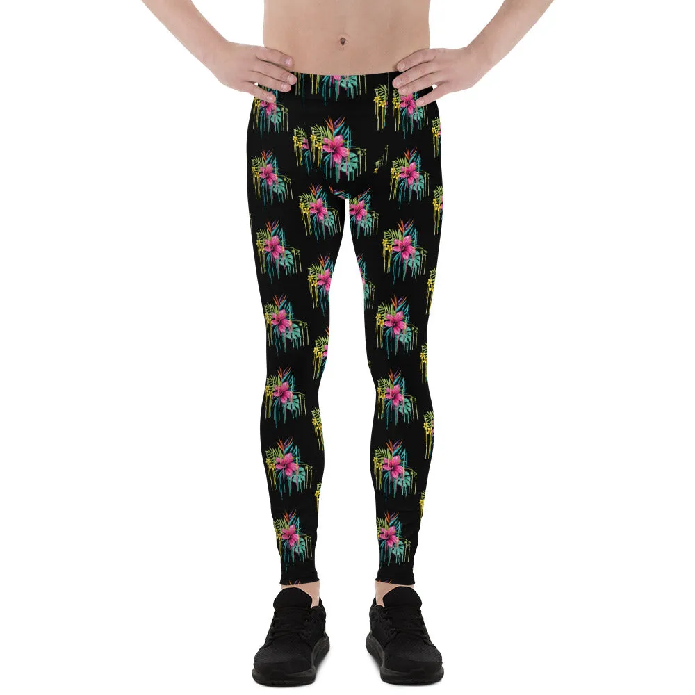 Black Tropical Men's Leggings, Tropical Floral Meggings Compression Tights-Made in USA/EU