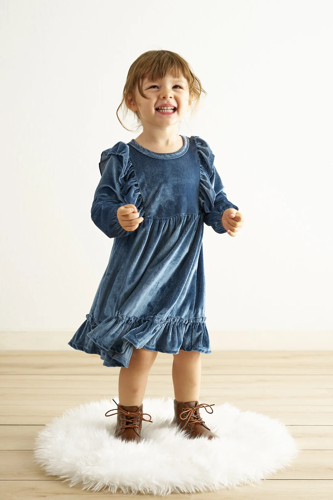 Blue ruffle velvet dress