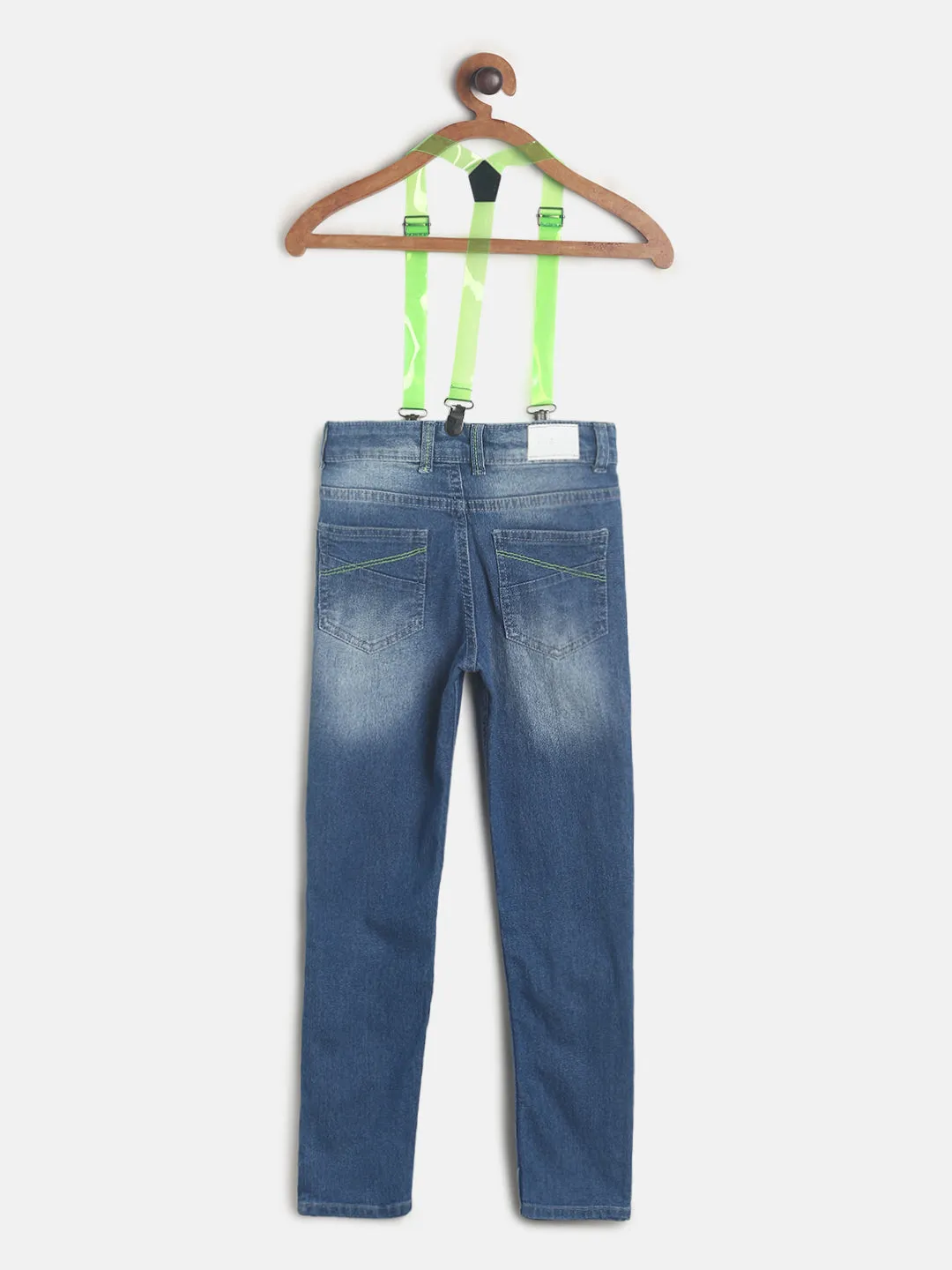 Boys Mid Blue Printed Denim Jeans With Suspender