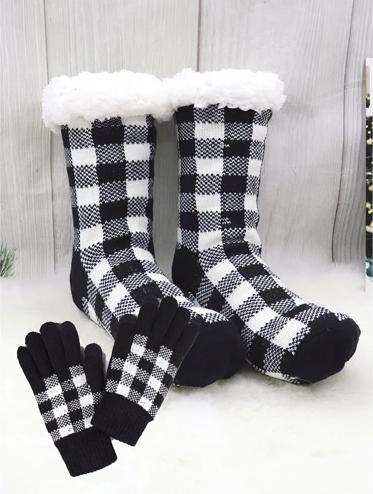 Buffalo Plaid Anti-Skid Slipper Socks with Matching Gloves