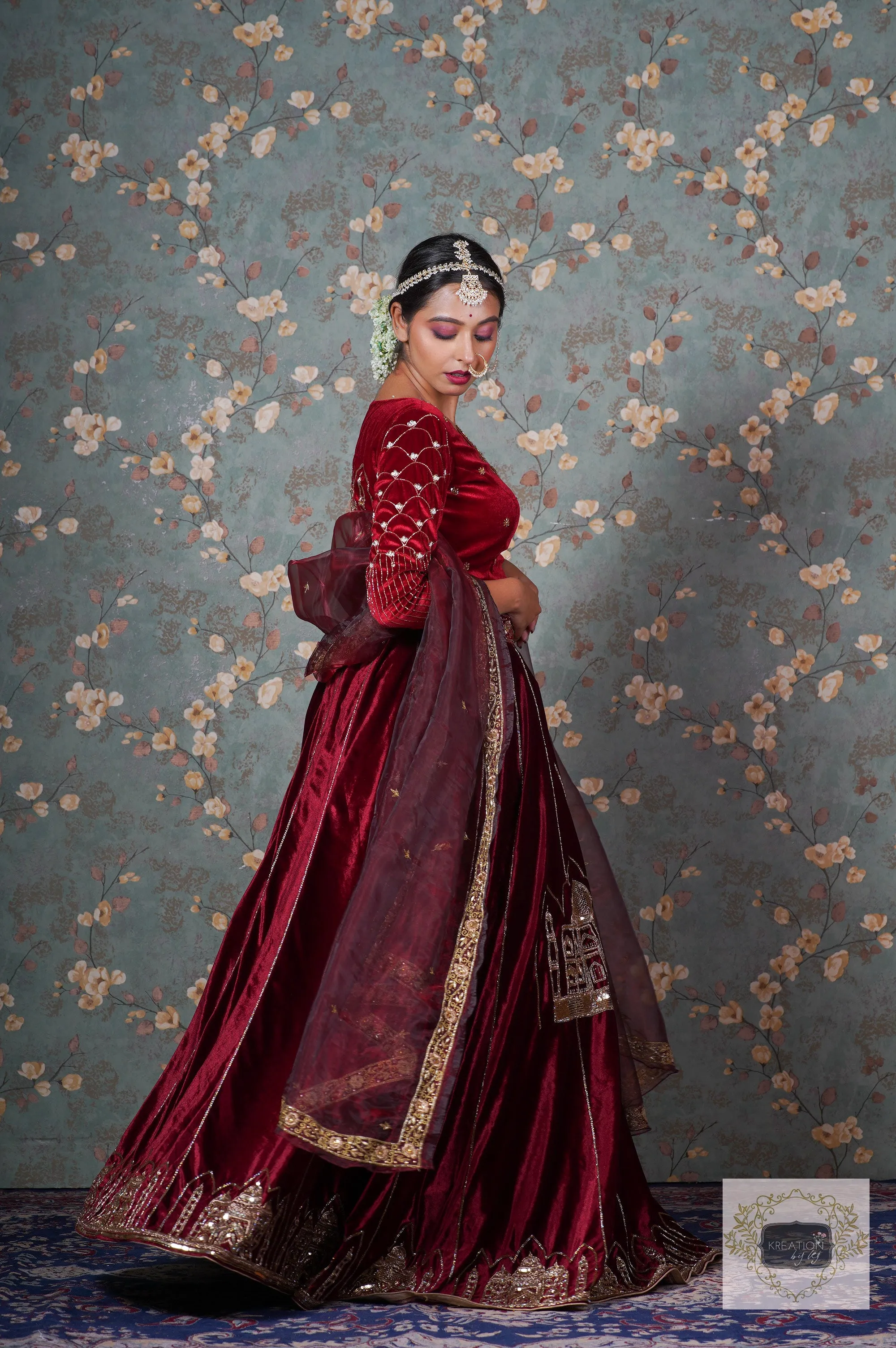 Burgundy Velvet Taj Mahal Lehenga Set