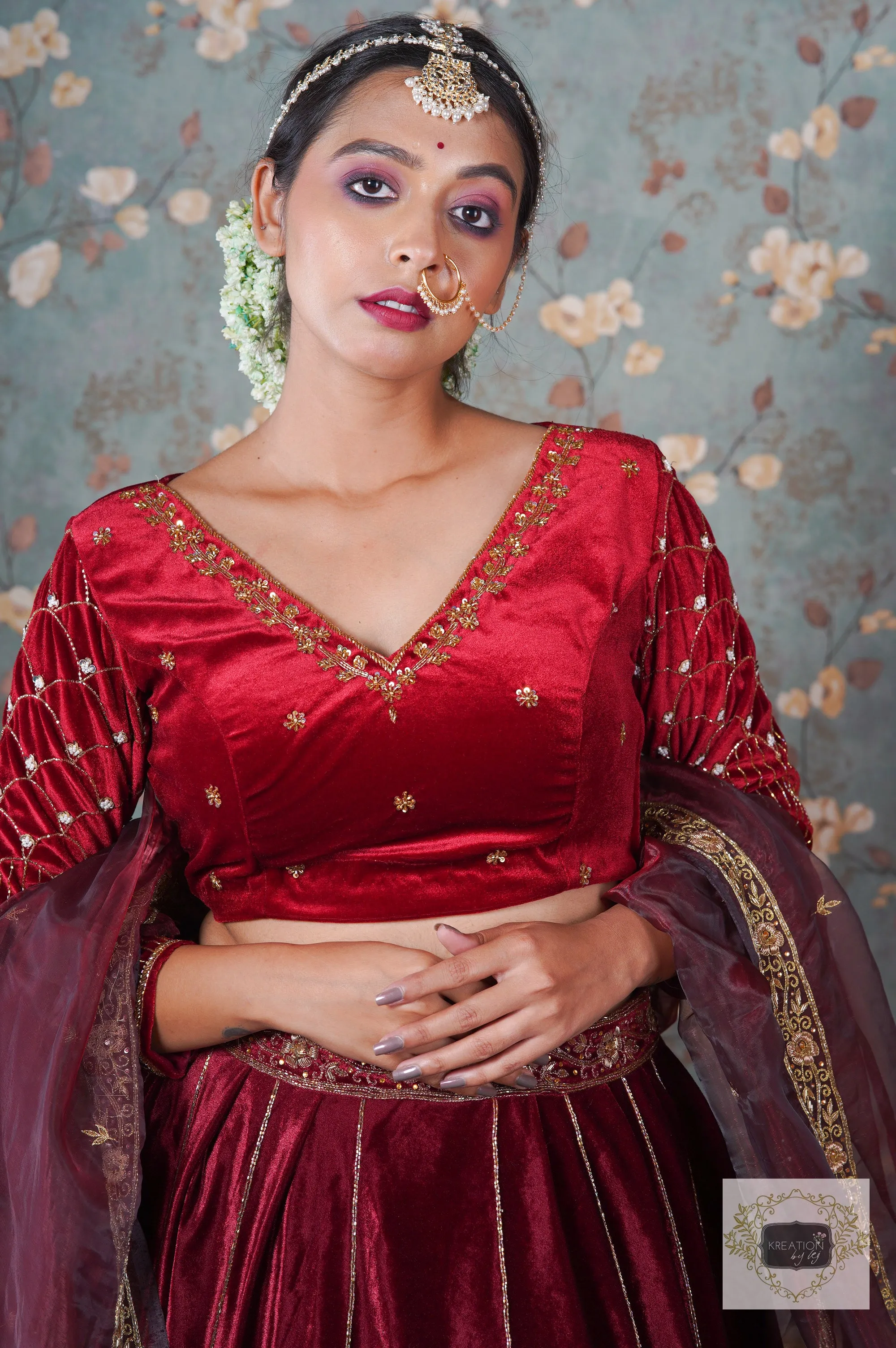 Burgundy Velvet Taj Mahal Lehenga Set