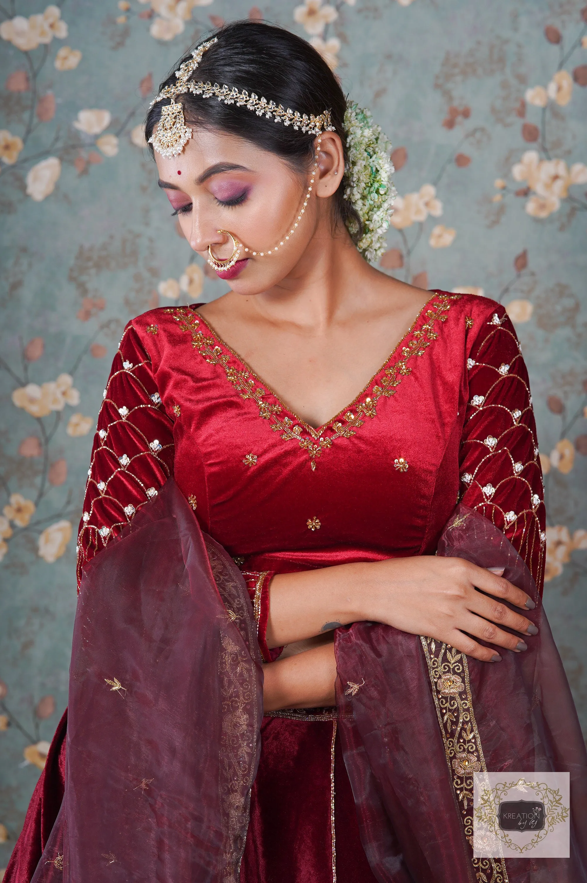 Burgundy Velvet Taj Mahal Lehenga Set