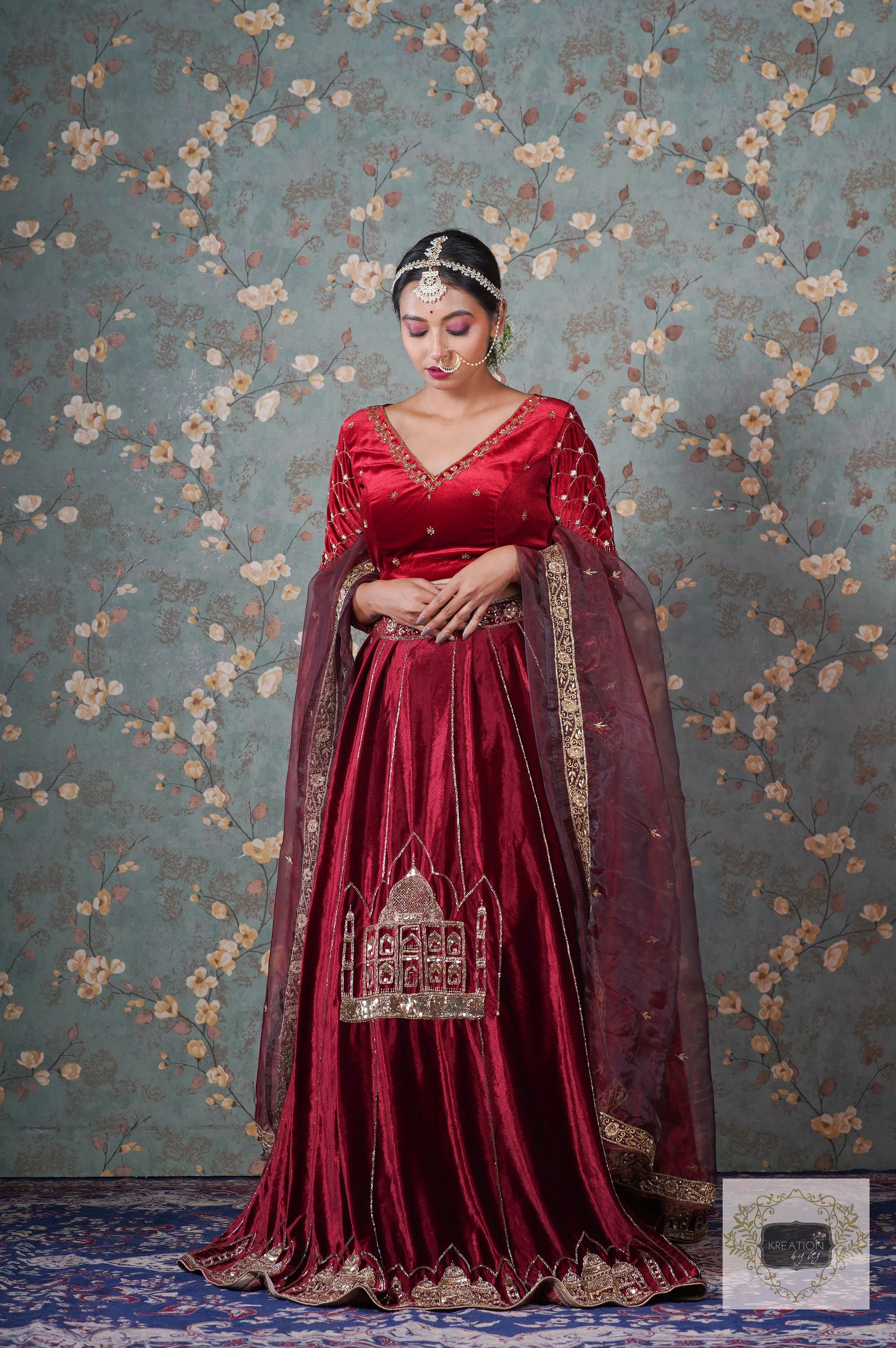 Burgundy Velvet Taj Mahal Lehenga Set