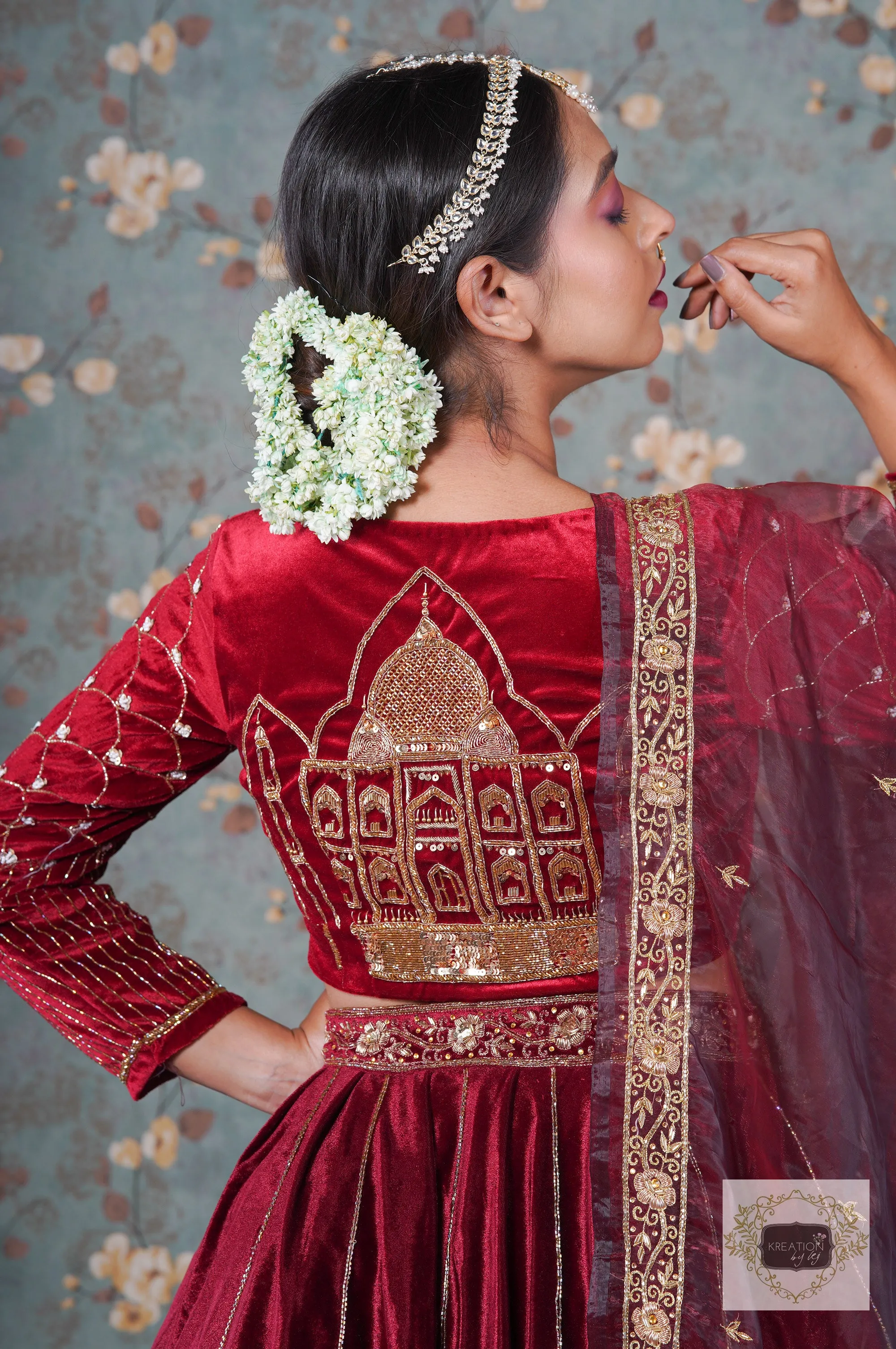 Burgundy Velvet Taj Mahal Lehenga Set