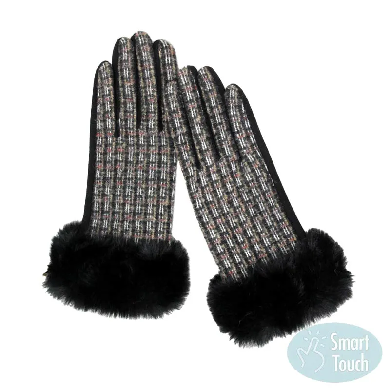 Classic Tweed Faux Fur Cuff Trim Smart Gloves