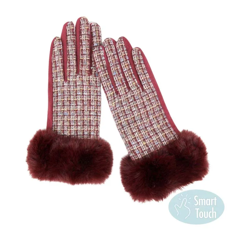 Classic Tweed Faux Fur Cuff Trim Smart Gloves