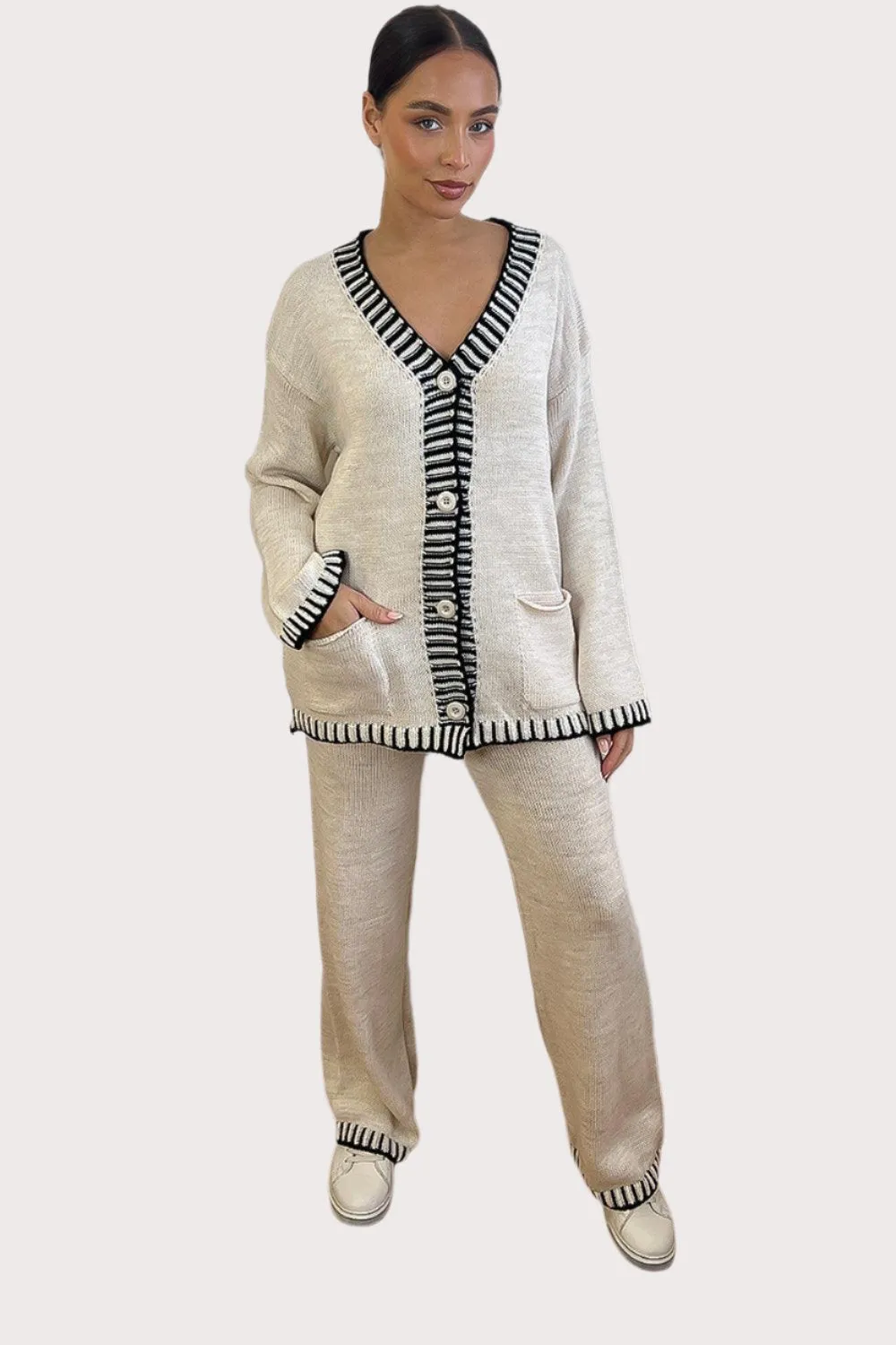 Contrast Stitch Effect Trim Knitted Leisure Set