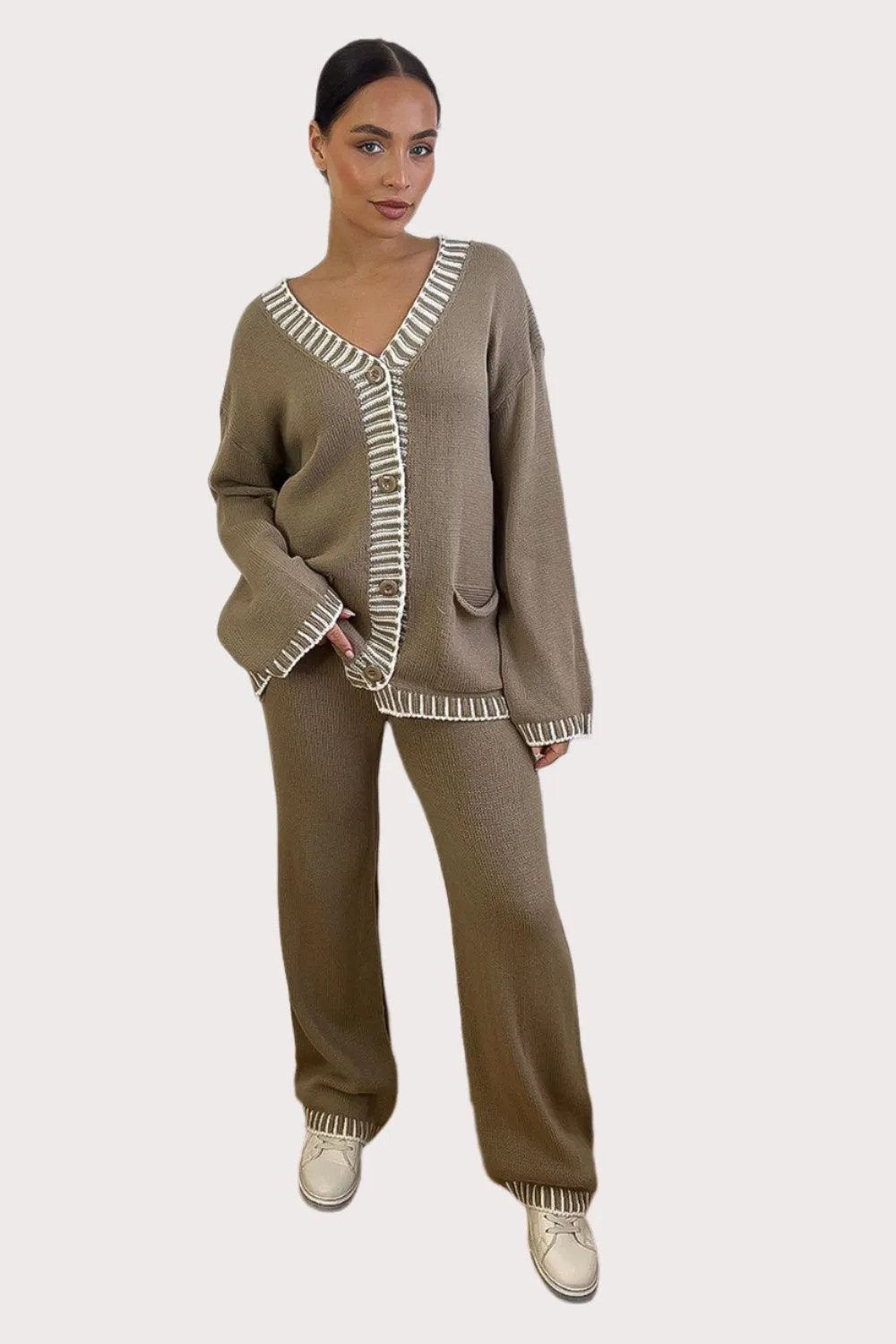 Contrast Stitch Effect Trim Knitted Leisure Set