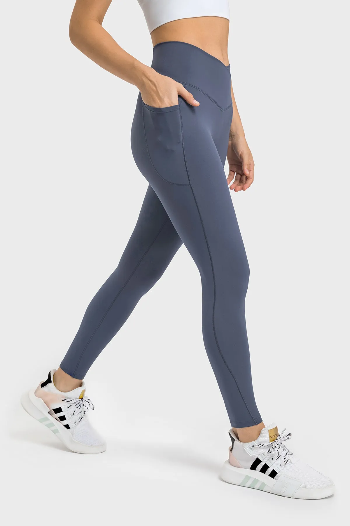 Cross Waistband Compression Leggings with Side Pockets