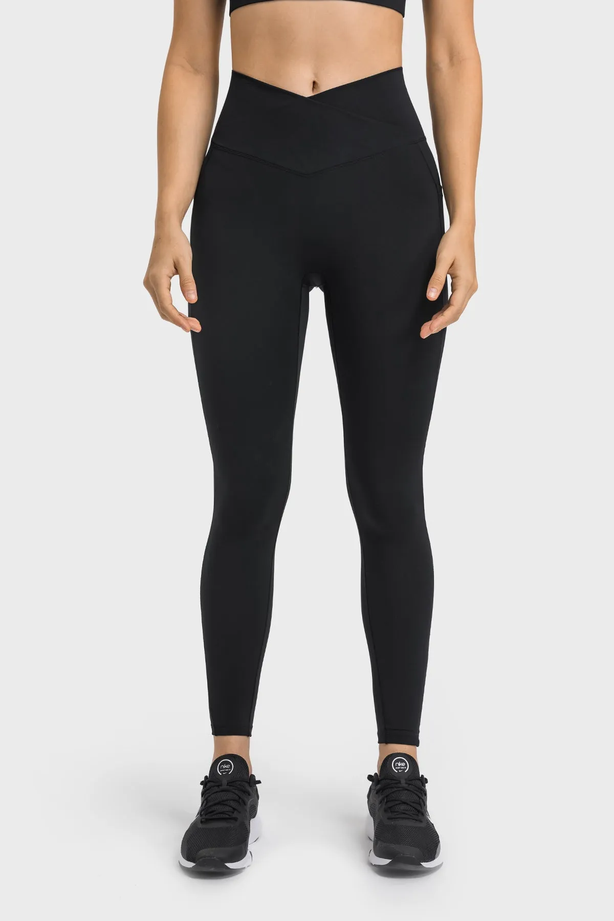 Cross Waistband Compression Leggings with Side Pockets