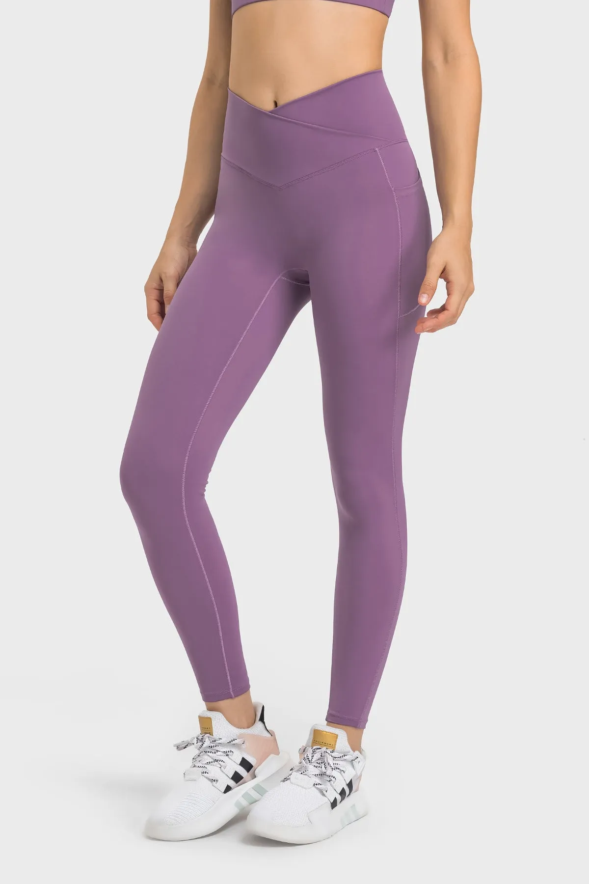 Cross Waistband Compression Leggings with Side Pockets