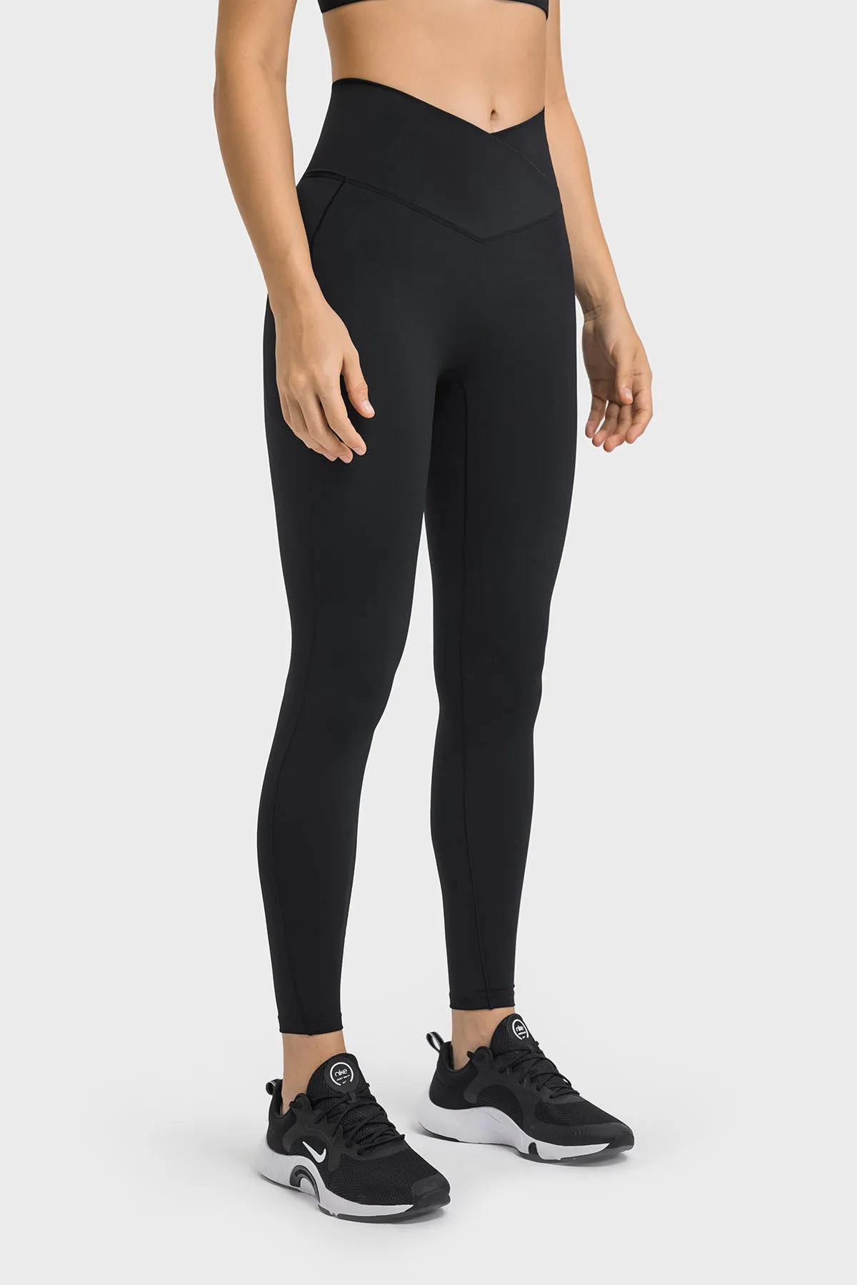 Cross Waistband Compression Leggings with Side Pockets