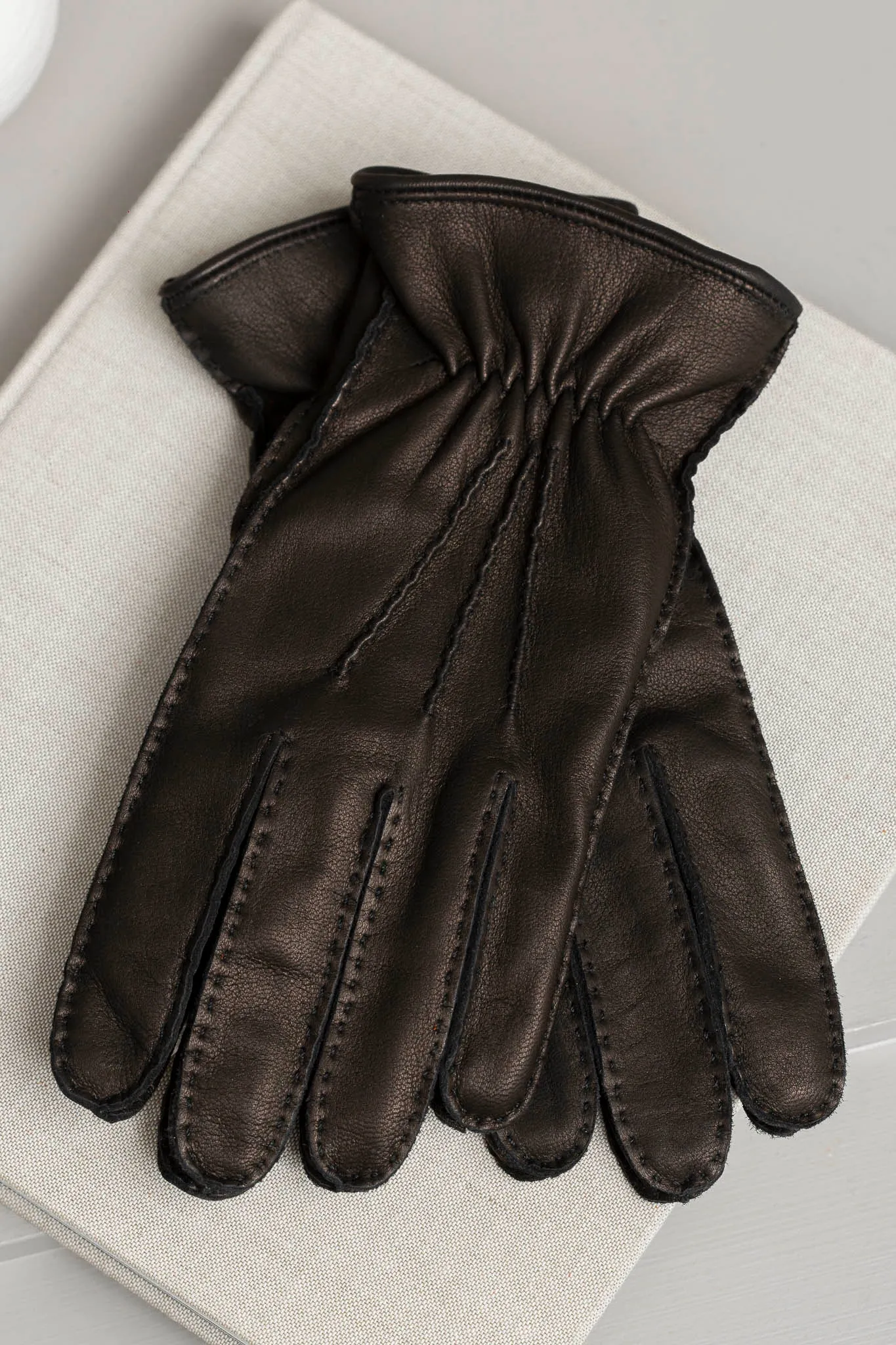 Dark Brown Cashmere Lined Deerskin Leather Gloves - Made in Italy