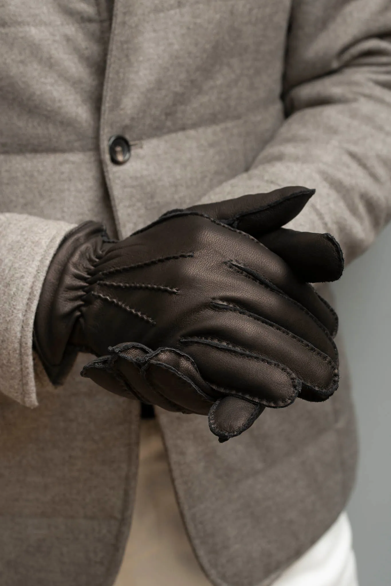 Dark Brown Cashmere Lined Deerskin Leather Gloves - Made in Italy